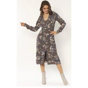 Amuse Society NWT M Gray Floral Koda Long Sleeve Midi Dress